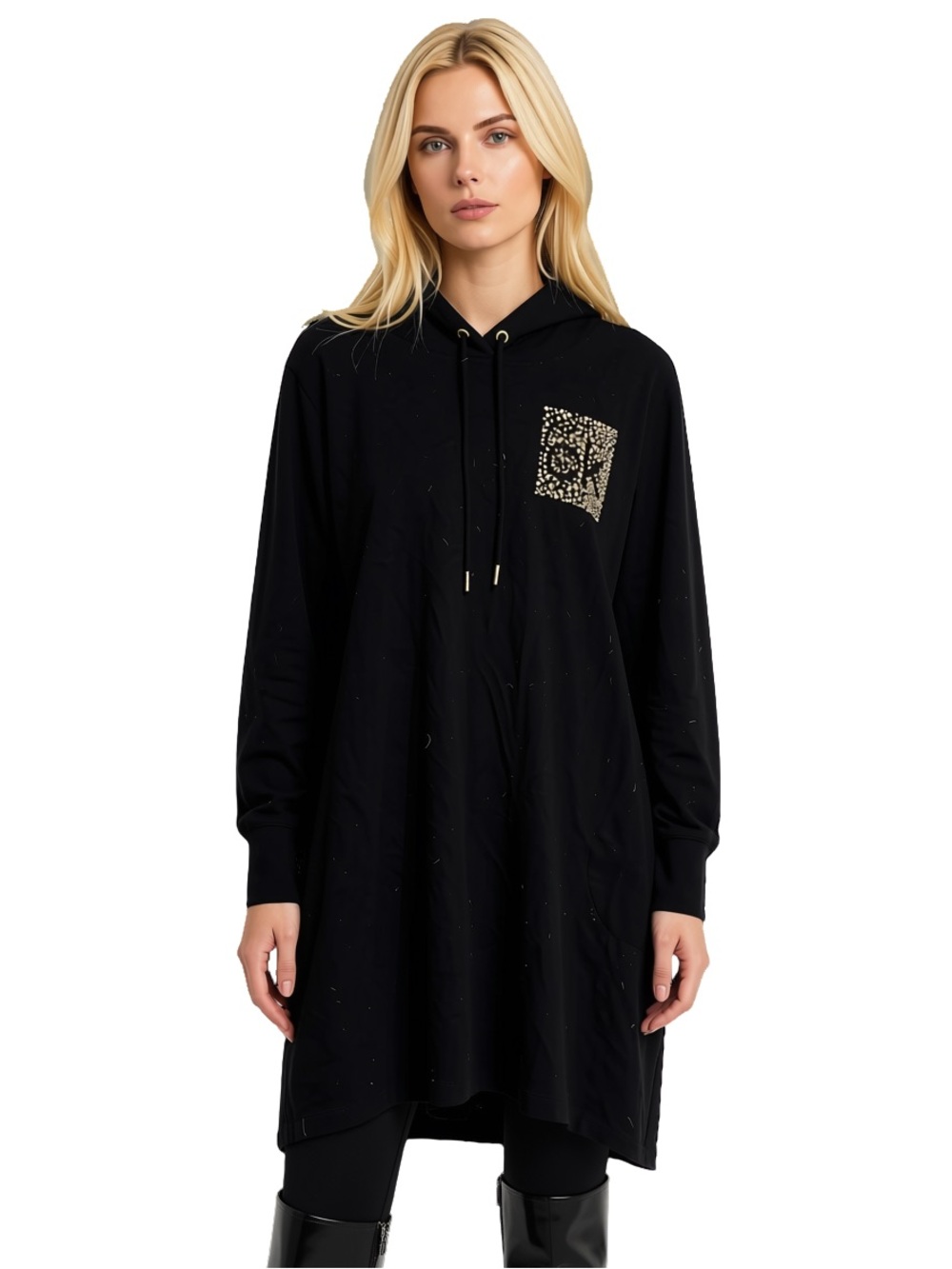 Calvin Klein Black Hooded Long Sweater with Gold Stud Detail
